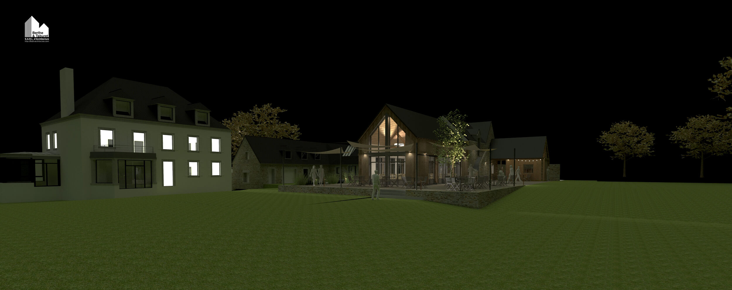 Salle de réception du Domaine de Stang Bihan éclairée de nuit, ambiance chaleureuse pour mariages, séminaires et événements.