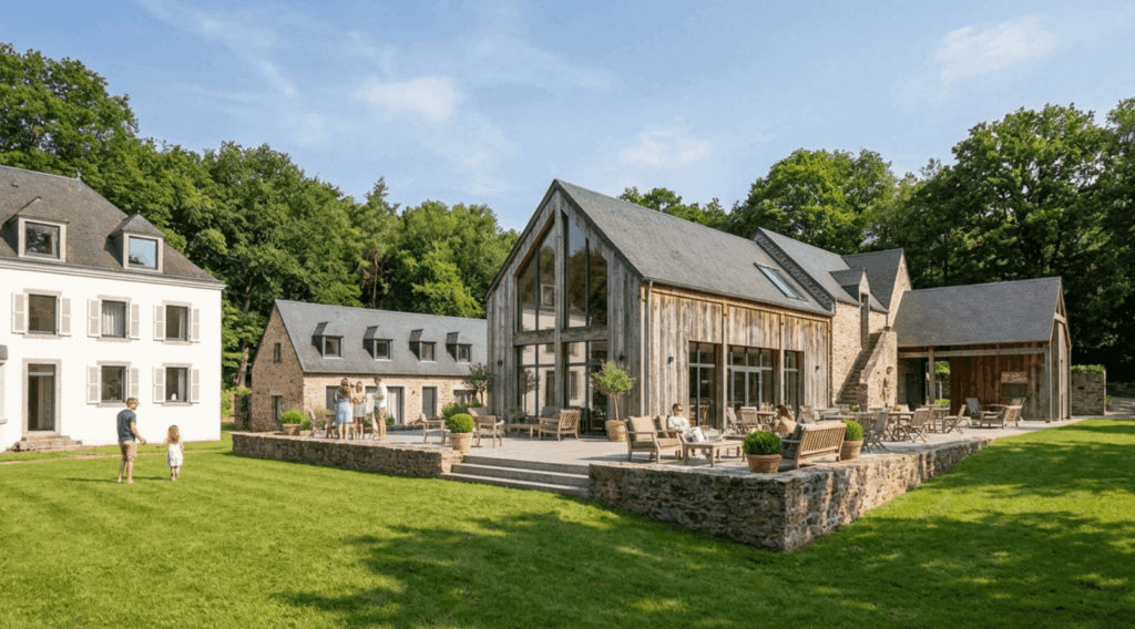 Vue extérieure de la salle événementielle du Domaine de Stang Bihan à Concarneau, en Bretagne, lieu de réception face à la mer pour mariages et événements professionnels.