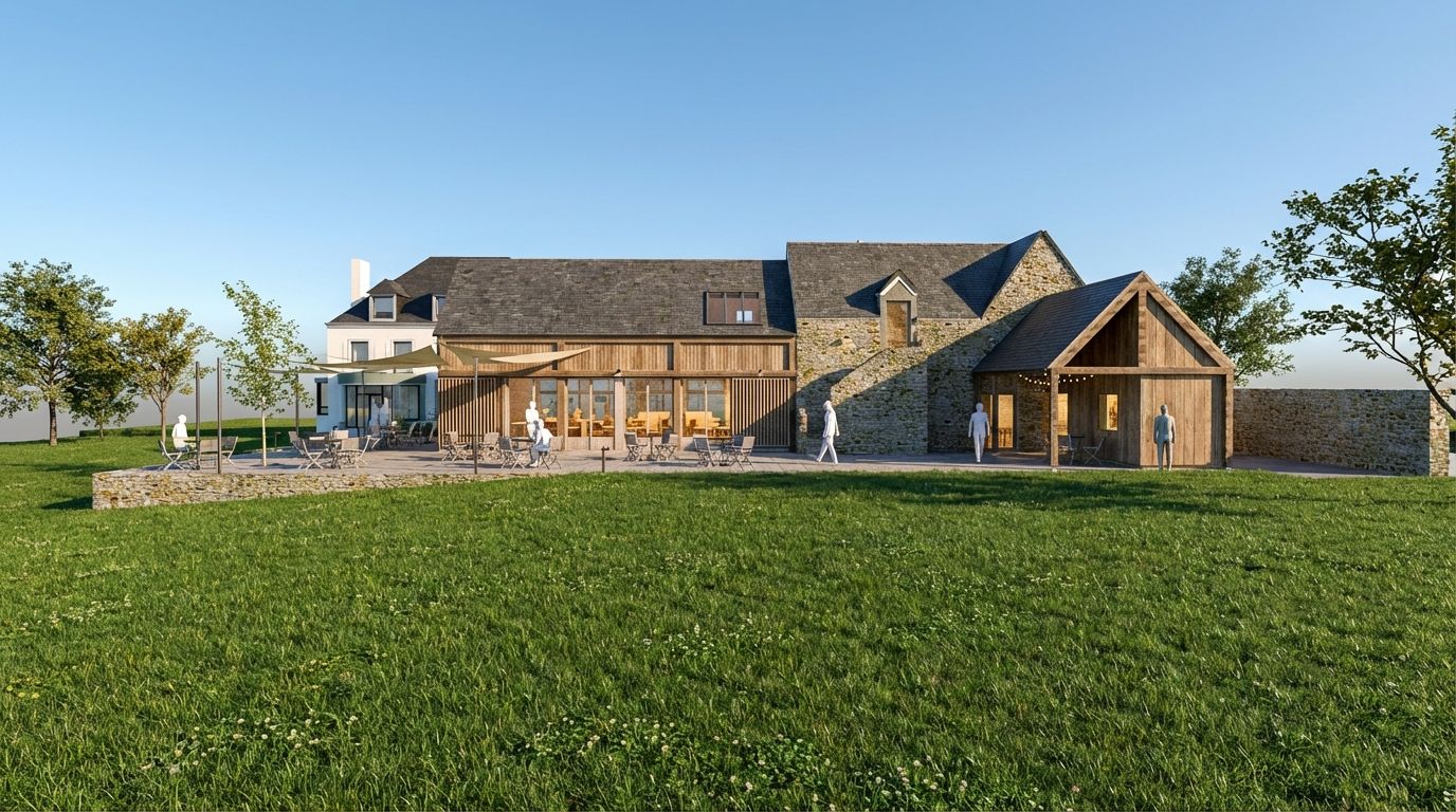 Vue extérieure de la salle événementielle du Domaine de Stang Bihan à Concarneau, en Bretagne, lieu de réception face à la mer pour mariages et événements professionnels.