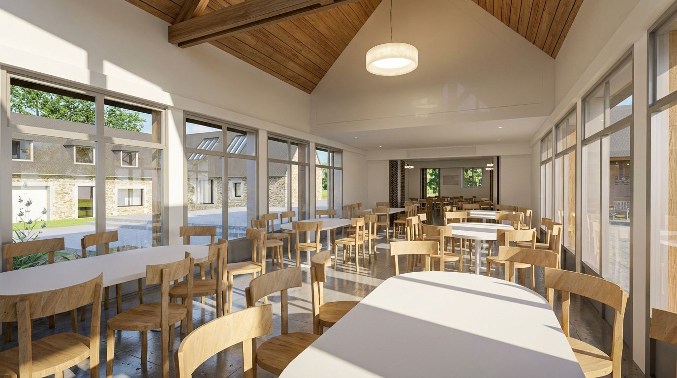 Intérieur de la salle événementielle du Domaine de Stang Bihan, espace lumineux et convivial pour événements jusqu’à 100 personnes à Concarneau en Bretagne.