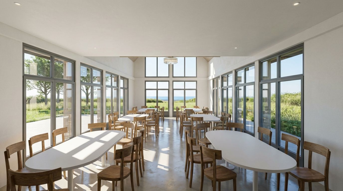 Intérieur de la salle événementielle du Domaine de Stang Bihan à Concarneau, espace lumineux et convivial pour événements jusqu’à 100 personnes en Bretagne.