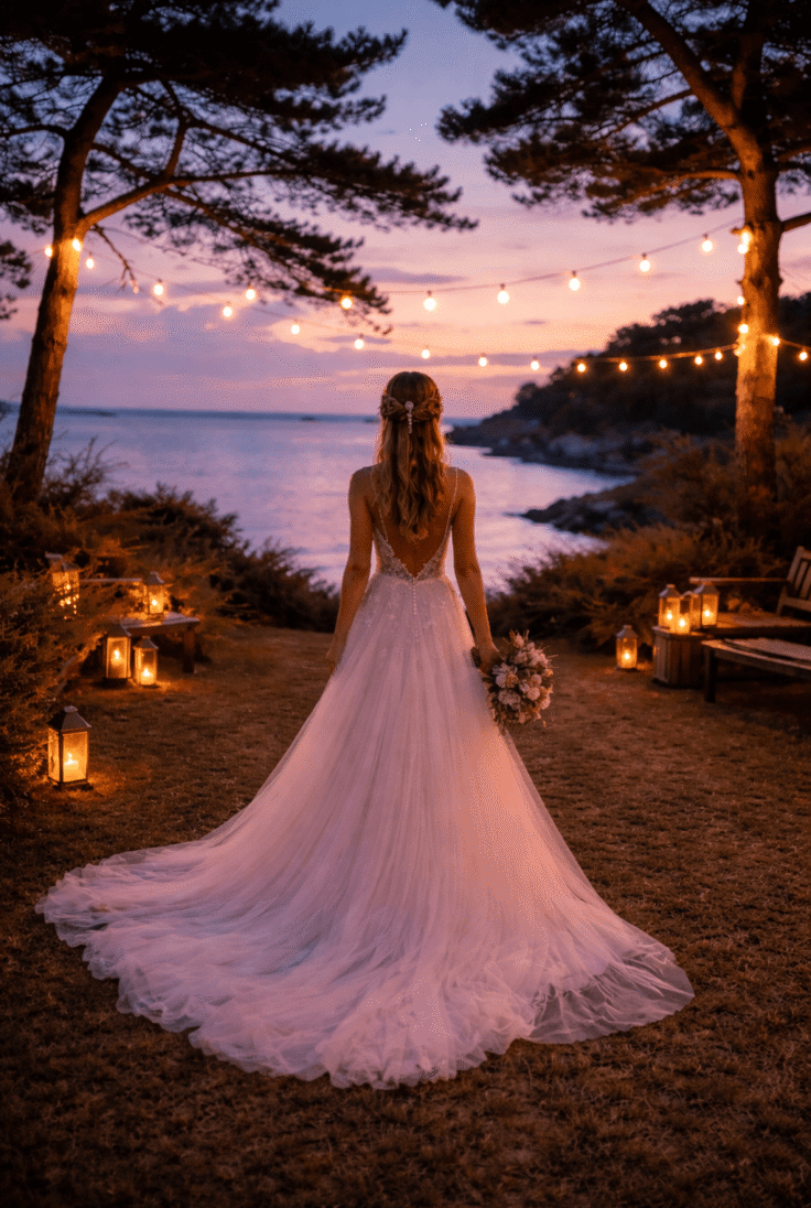 Mariée de dos regardant la mer au Domaine de Stang Bihan au coucher du soleil, robe longue flottante et ambiance romantique avec lanternes et guirlandes lumineuses.